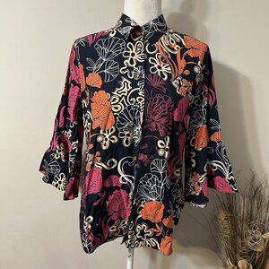 Chico’s Women Floral Cotton Blend Button Up Flare 3/4 sleeve Shirt Top Sz 1 / 8